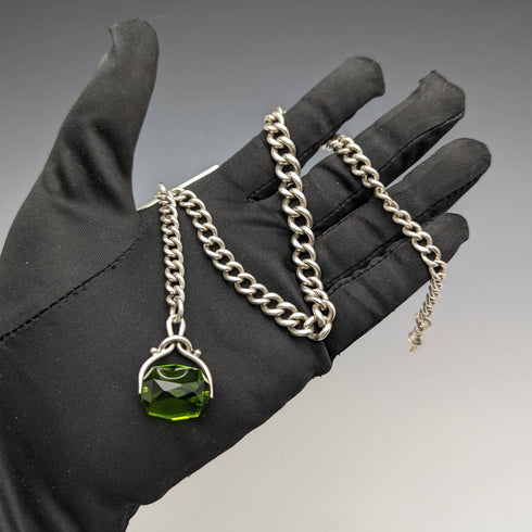 1920 年左右英國古董純銀阿爾伯特鏈 46 克綠石旋轉鑰匙扣