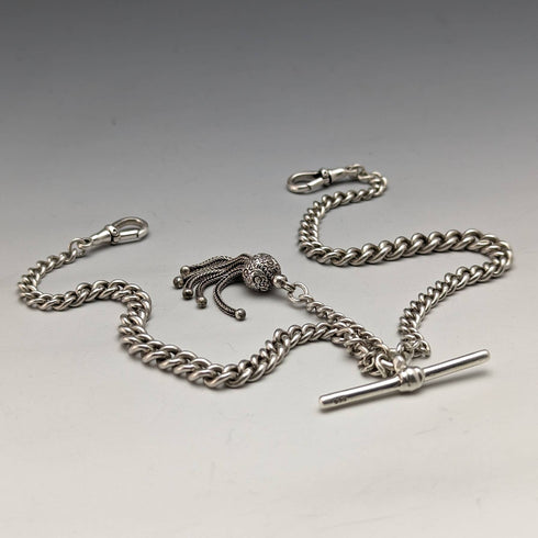 1900 年英國古董純銀雙艾伯特鏈 34 克流蘇飾扣