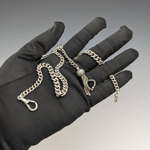 Cadena doble Albert de plata esterlina, antigüedad británica de alrededor de 1900, 34 g, con dije de borla
