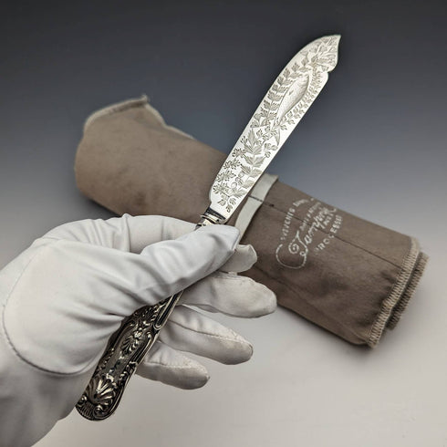 英国アンティーク 純銀製ハンドル フィッシュカトラリー 5ペアセット 布ケース入