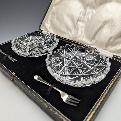 1927年 英国ヴィンテージ カットグラス ディッシュペア 純銀フォークセット CW Fletcher & Sons 箱入り