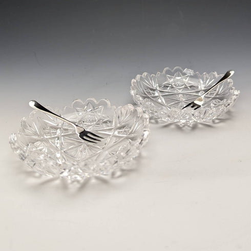 1927年 英国ヴィンテージ カットグラス ディッシュペア 純銀フォークセット CW Fletcher & Sons 箱入り