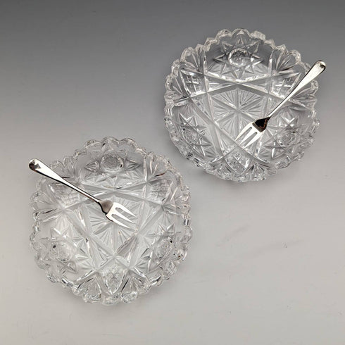 1927年 英国ヴィンテージ カットグラス ディッシュペア 純銀フォークセット CW Fletcher & Sons 箱入り