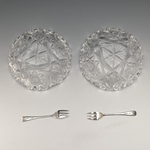 1927年 英国ヴィンテージ カットグラス ディッシュペア 純銀フォークセット CW Fletcher & Sons 箱入り