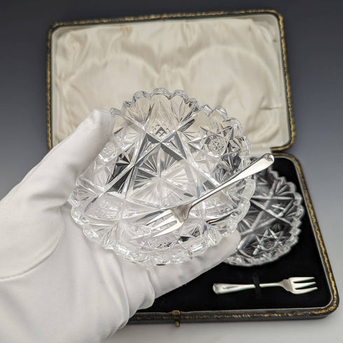 1927年 英国ヴィンテージ カットグラス ディッシュペア 純銀フォークセット CW Fletcher & Sons 箱入り