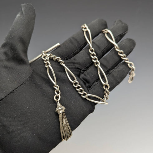 1900年頃 英国アンティーク 純銀製アルバートチェーン 30g ファンシーリンク タッセルフォブ