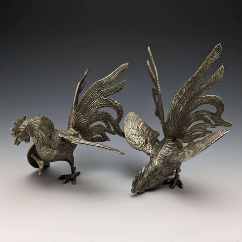 Vintage Pewter Rooster Figurines, Pair