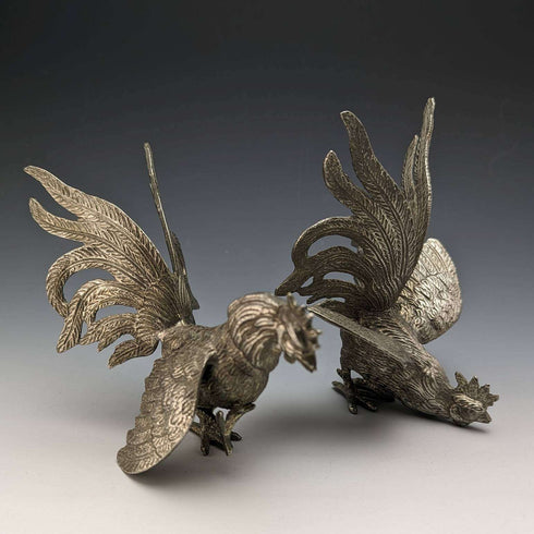 Vintage Pewter Rooster Figurines, Pair