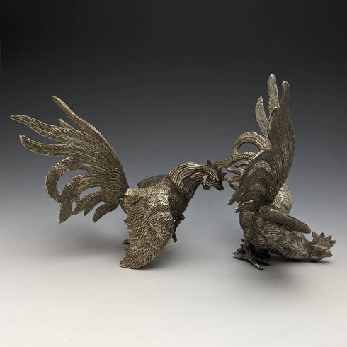 Vintage Pewter Rooster Figurines, Pair