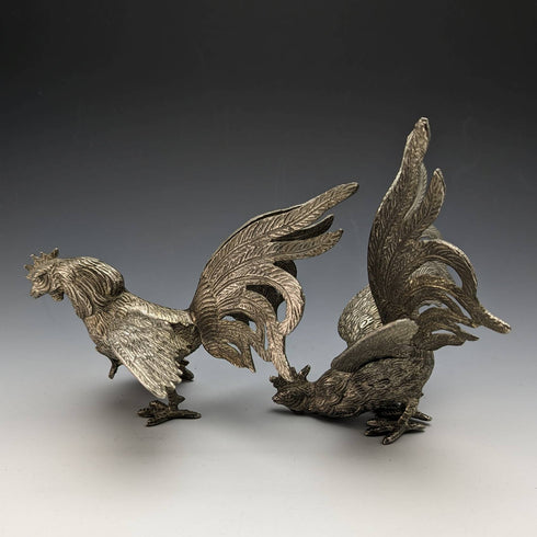 Vintage Pewter Rooster Figurines, Pair