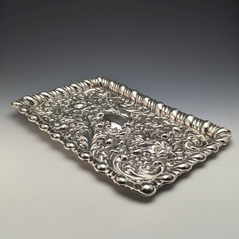 1905年 英国アンティーク 純銀 レリーフ彫刻 ドレッシングテーブルトレイ 336g Horrace Woodward