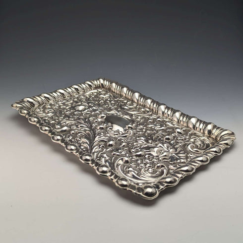 1905 British Antique Sterling Silver Relief Engraving Dressing Table Tray 336g Horrace Woodward