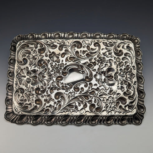 1905年 英国アンティーク 純銀 レリーフ彫刻 ドレッシングテーブルトレイ 336g Horrace Woodward