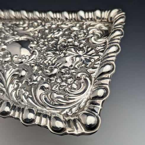 1905 British Antique Sterling Silver Relief Engraving Dressing Table Tray 336g Horrace Woodward