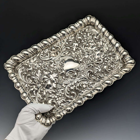 1905 British Antique Sterling Silver Relief Engraving Dressing Table Tray 336g Horrace Woodward