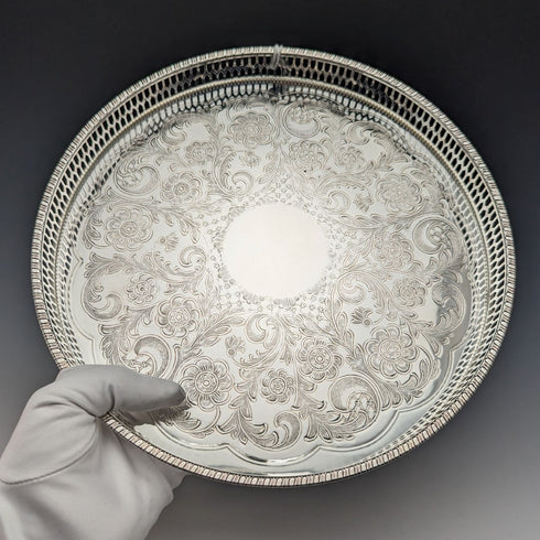 英國復古鍍銀畫廊托盤直徑 26 厘米盒裝 Deadstock