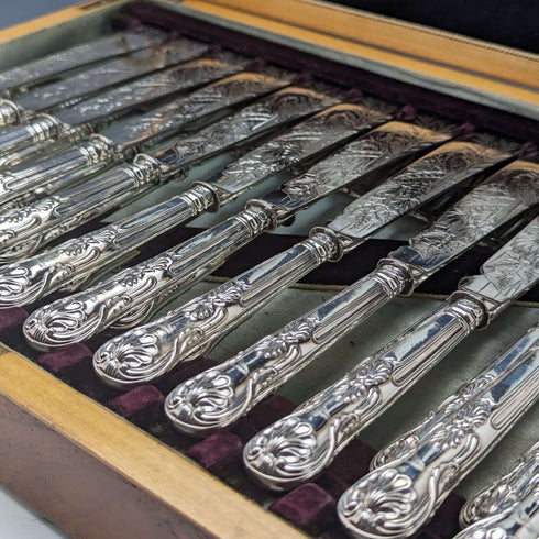 【預留】1836年英國古董純銀柄魚餐具12對套裝盒裝
