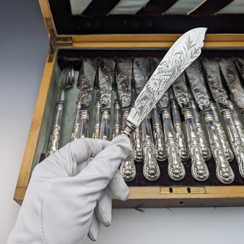 【預留】1836年英國古董純銀柄魚餐具12對套裝盒裝