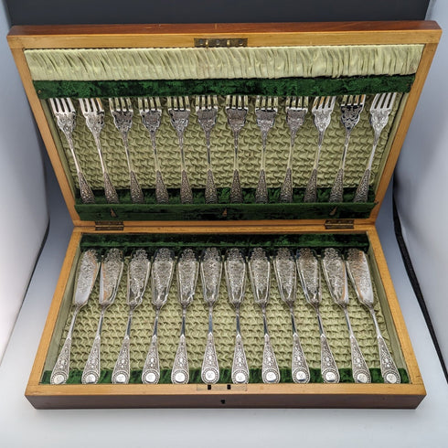 英国アンティーク シルバープレート製 フィッシュカトラリー 12ペアセット 箱入り Cooper Brothers