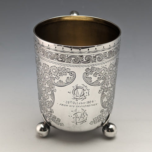 1904 British antique sterling silver mug 130g Walker and Hall