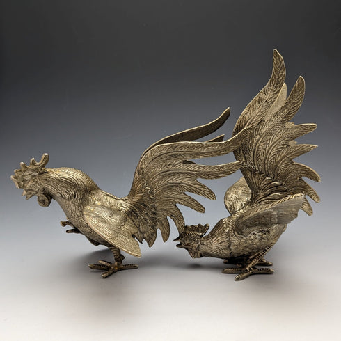 英国ヴィンテージ ピューター製 闘鶏フィギュリン ペア ミドルサイズ