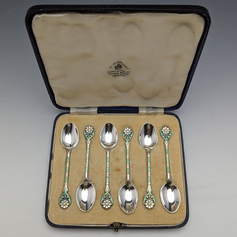 1938년 영국 빈티지 에나멜 장식 순은 티스푼 6본 세트 (케이스 포함), MAPPIN and WEBB