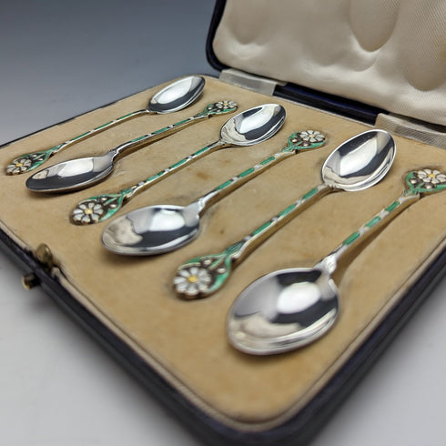 1938년 영국 빈티지 에나멜 장식 순은 티스푼 6본 세트 (케이스 포함), MAPPIN and WEBB