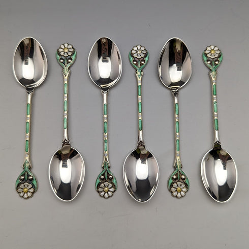 1938년 영국 빈티지 에나멜 장식 순은 티스푼 6본 세트 (케이스 포함), MAPPIN and WEBB