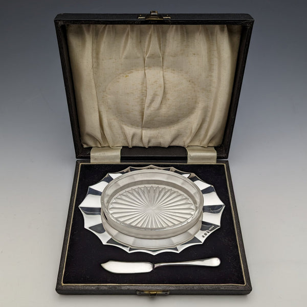 1930s British Vintage Pure Silver & Glass Inner Butter Dish in Case