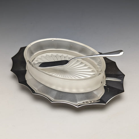 1930年代 英国ヴィンテージ 純銀&グラスインナー バターディッシュ ケース入