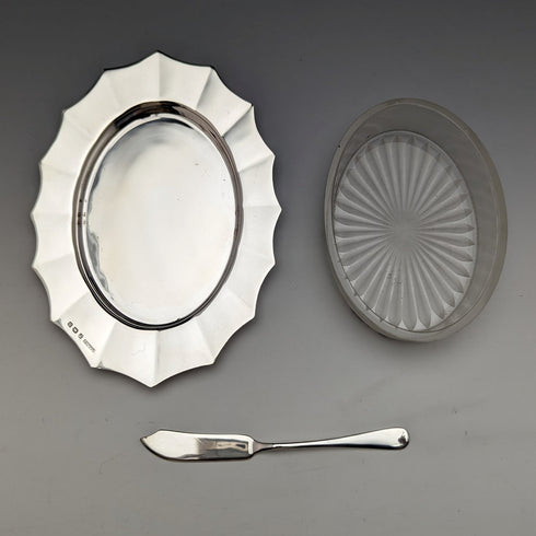 1930年代 英国ヴィンテージ 純銀&グラスインナー バターディッシュ ケース入