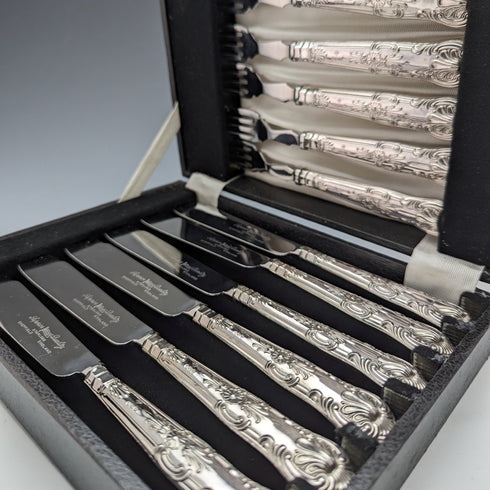 1973年 英国ヴィンテージ 純銀製ハンドル カトラリー6ペアセット 箱入り Harrison Brothers