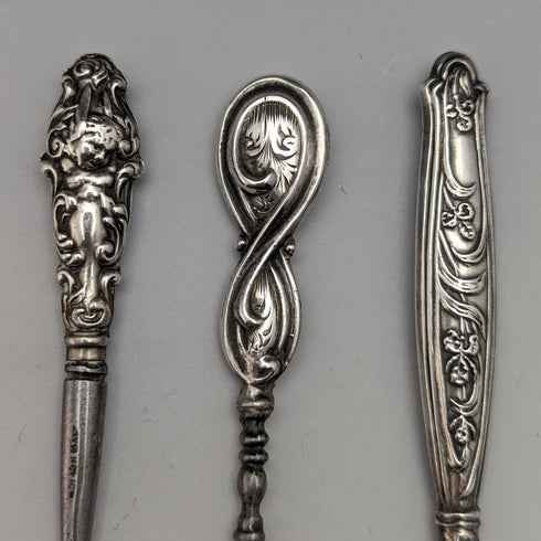 1910年頃 英国アンティーク シルバープレート製ハンドル ボタンフック 9本セット