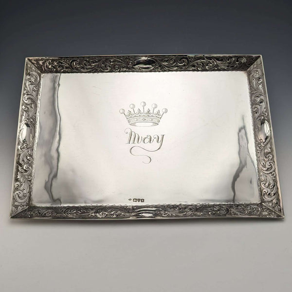 1896 British Antique Pure Silver Square Dressing Table Tray 666g Florence Warden
