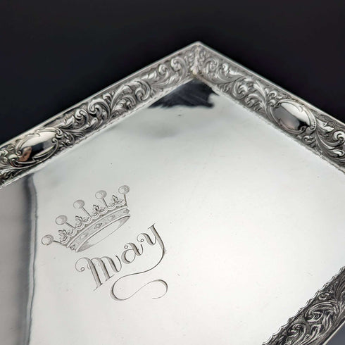 1896 British Antique Pure Silver Square Dressing Table Tray 666g Florence Warden