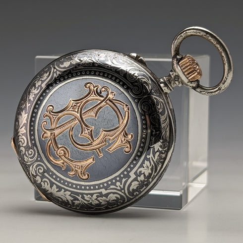 1886 年左右古董浪琴懷錶銀側黑金錶殼效果很好