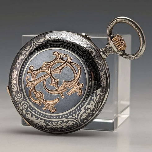 Around 1886 Antique Longines pocket watch silver side niello case works well