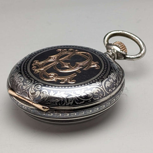 Around 1886 Antique Longines pocket watch silver side niello case works well