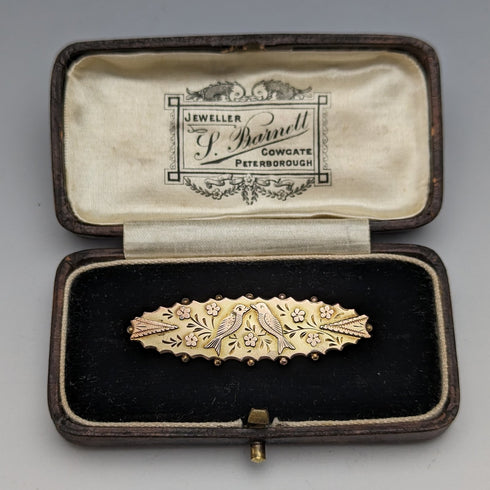 1875 年左右英國古董 9 克拉黃金小鳥裝飾別針胸針盒裝