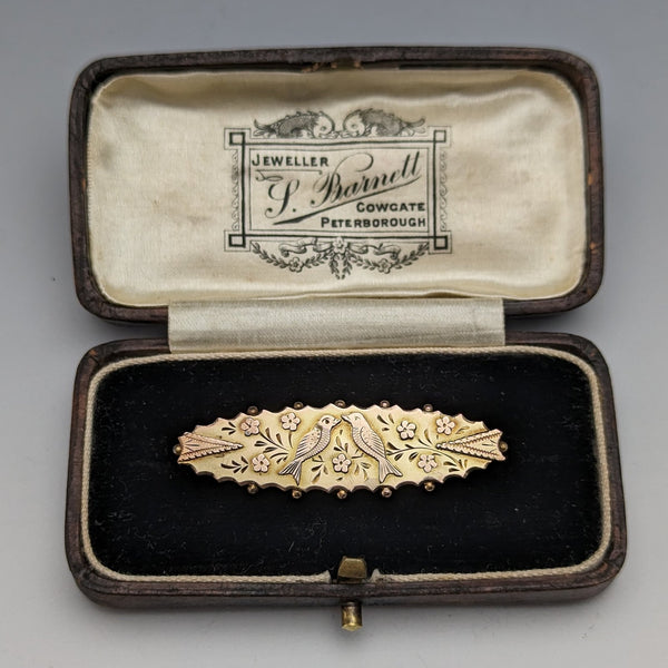 1875年頃 英国アンティーク 9ctゴールド製 小鳥装飾 ピンブローチ ケース入