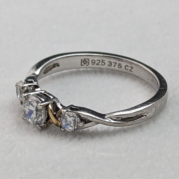 British Vintage Jewelry Cubic Zirconia Pure Silver & 9ct Gold Ring