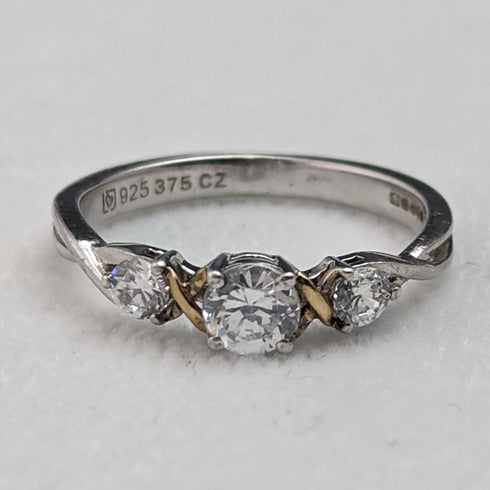 英国ヴィンテージジュエリー キュービックジルコニア 純銀&9ctゴールドリング 指輪