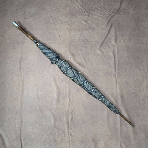 1932年 英国ヴィンテージ 紳士用アンブレラ 織柄 純銀製 丸ハンドル 87cm