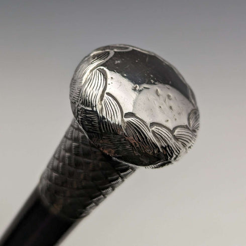 1901年 英国アンティーク 紳士用ステッキ 純銀 編目彫刻 丸ハンドル 89cm