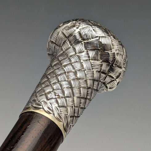 1901年 英国アンティーク 紳士用ステッキ 純銀 編目彫刻 丸ハンドル 89cm
