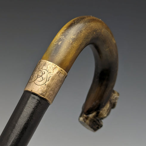 1900年左右 英國古董 紳士用手杖 貓頭鷹裝飾 彎曲角手柄 90cm