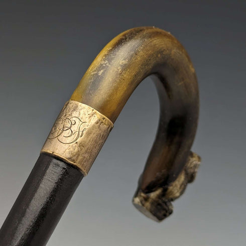 1900年頃 英国アンティーク 紳士用ステッキ フクロウ装飾 曲がりホーンハンドル 90cm