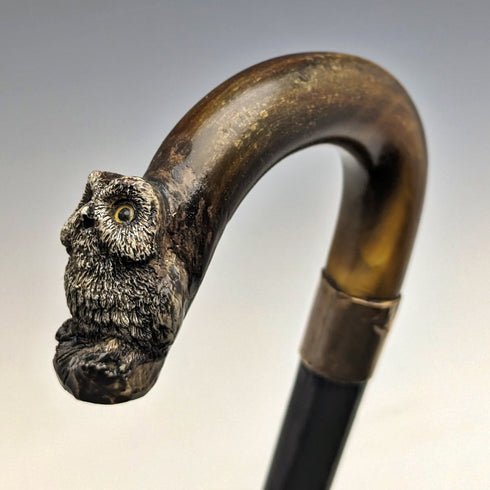 1900年左右 英國古董 紳士用手杖 貓頭鷹裝飾 彎曲角手柄 90cm