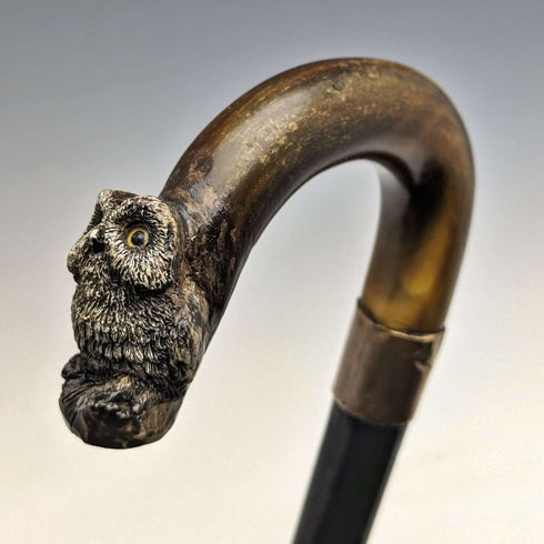 1900年頃 英国アンティーク 紳士用ステッキ フクロウ装飾 曲がりホーンハンドル 90cm