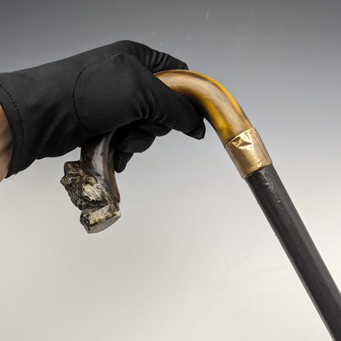 1900年左右 英國古董 紳士用手杖 貓頭鷹裝飾 彎曲角手柄 90cm